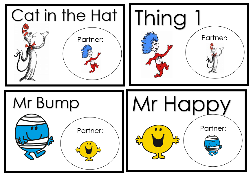 Illustrations of Cat in the Hat, Thing 1, Mr Bump, Mr Happy.