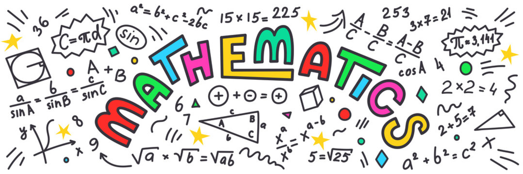Colourful mathematics doodles and equations banner.