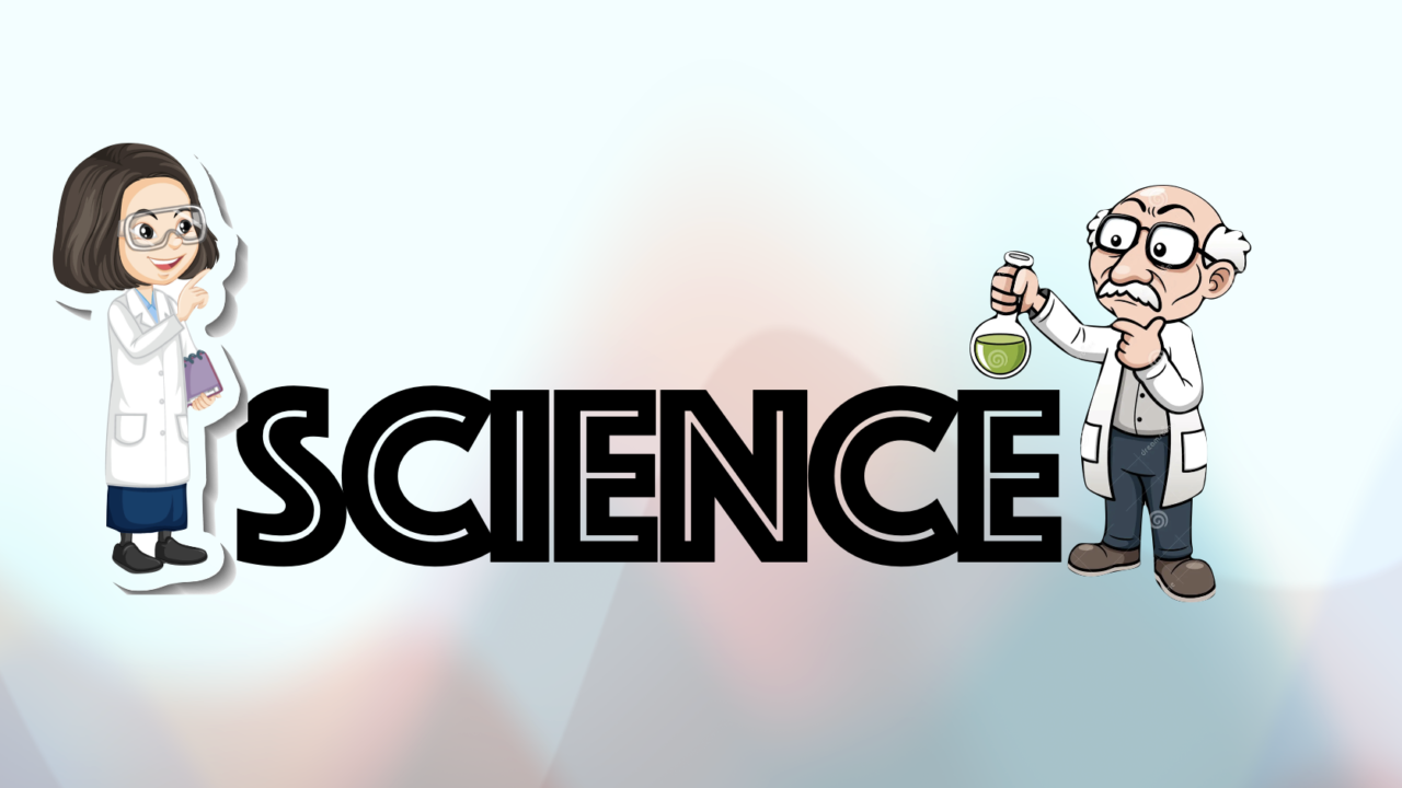 Cartoon scientists with "SCIENCE" lettering.