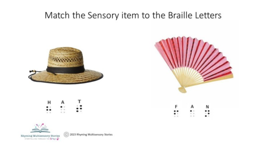 Educational matching game with Braille, hat and fan.