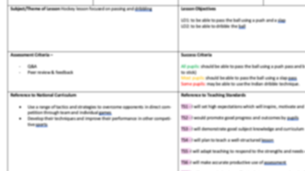 Lesson plan snippet for passing and dribbling in sports.