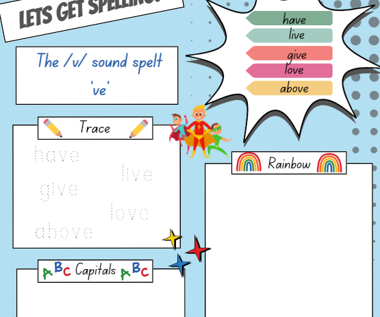 Illustration of children's spelling activity sheet with 