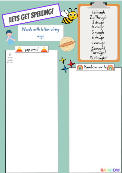 Educational spelling activity sheet with 'ough' words.
