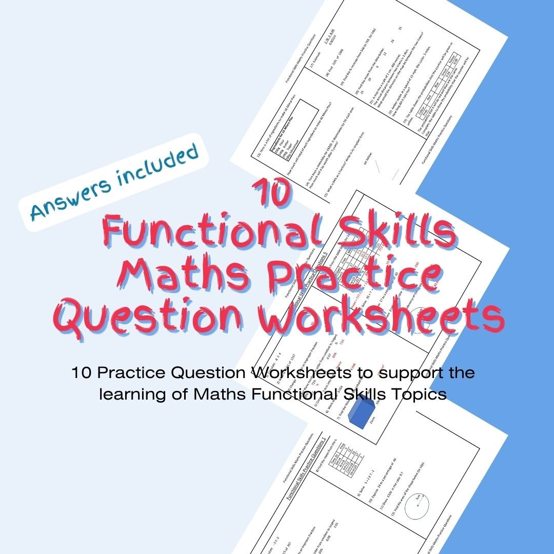 Maths functional skills worksheets with answers displayed.