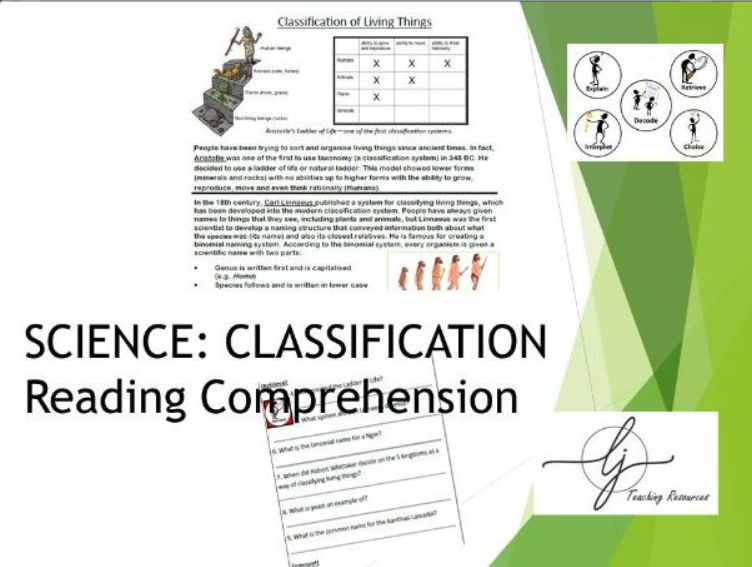 Educational worksheet on classification in science for reading comprehension.