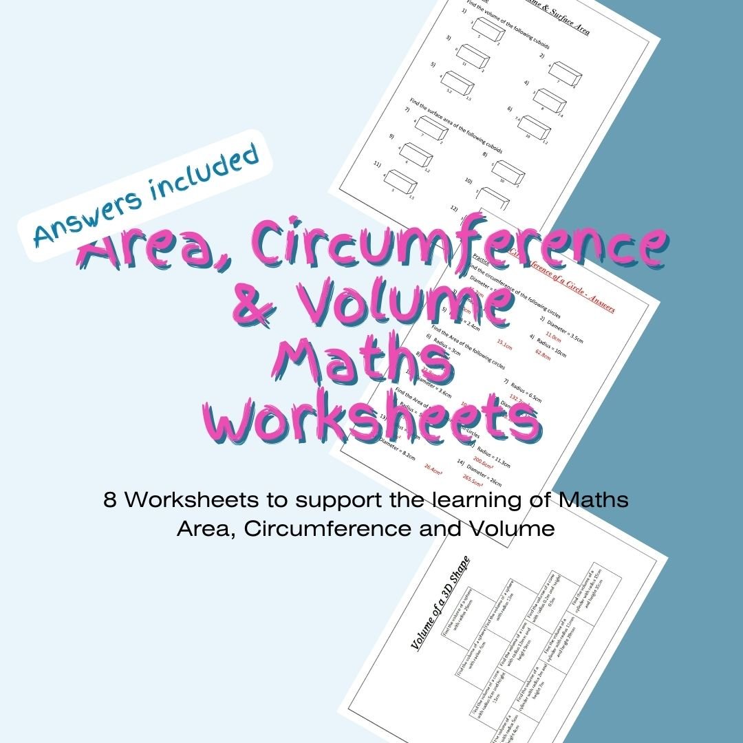 Maths worksheets on area, circumference, volume.