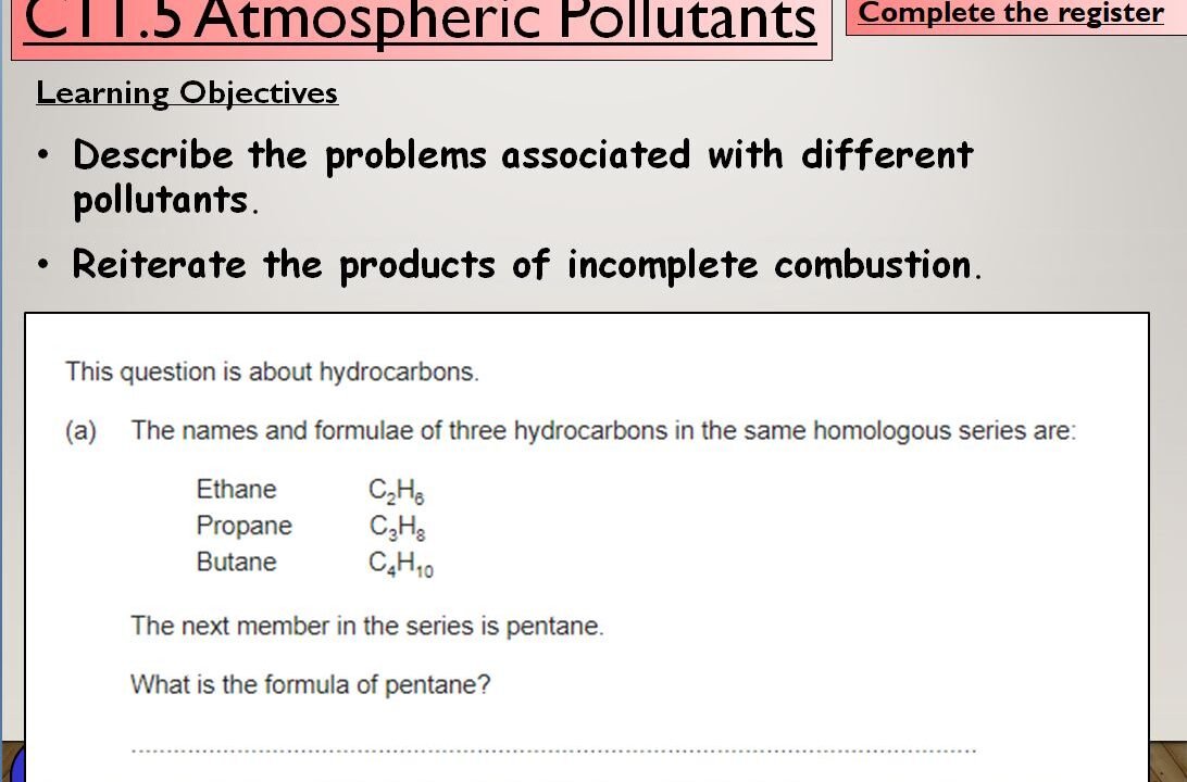 Educational slide on atmospheric pollutants and hydrocarbon compounds.