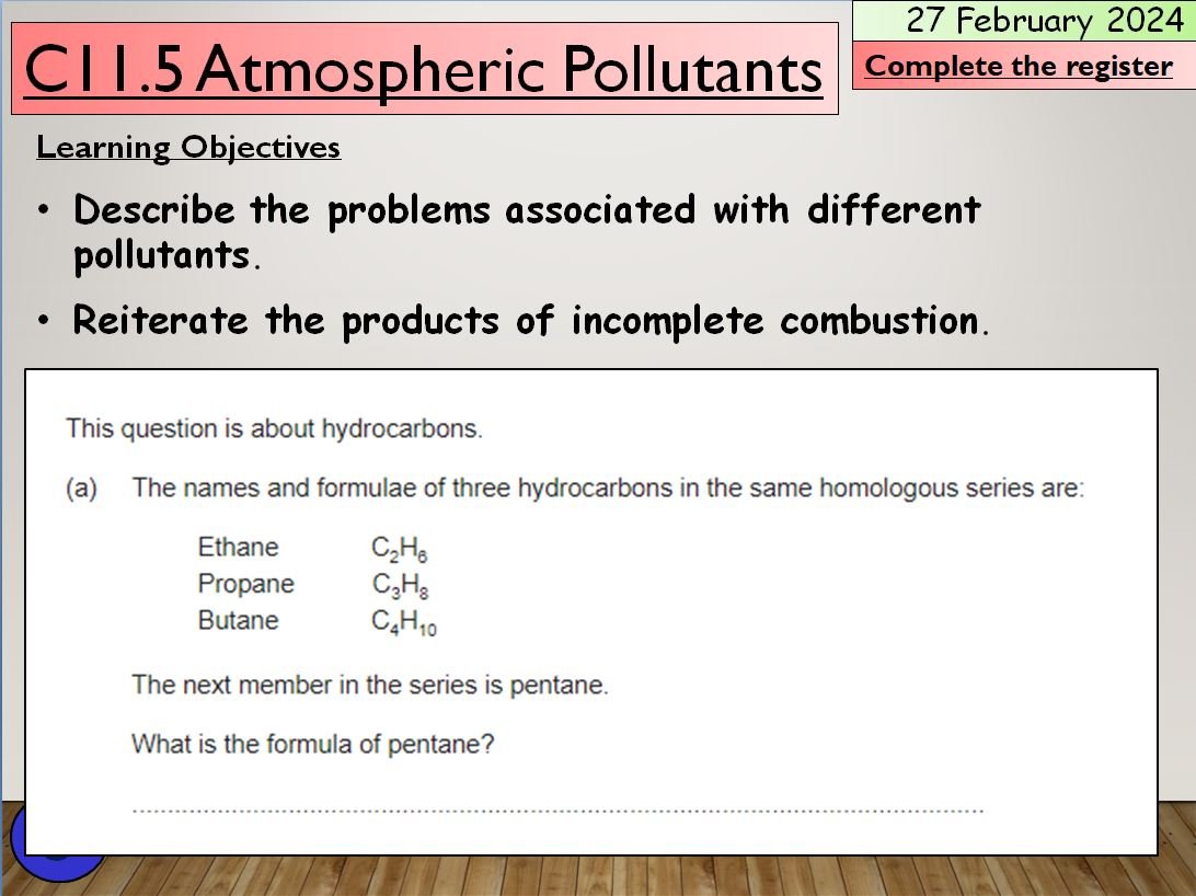 Educational slide on atmospheric pollutants and hydrocarbon compounds.