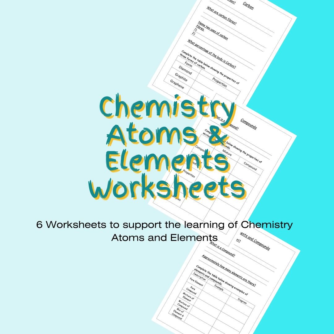 Educational chemistry worksheets on atoms and elements.