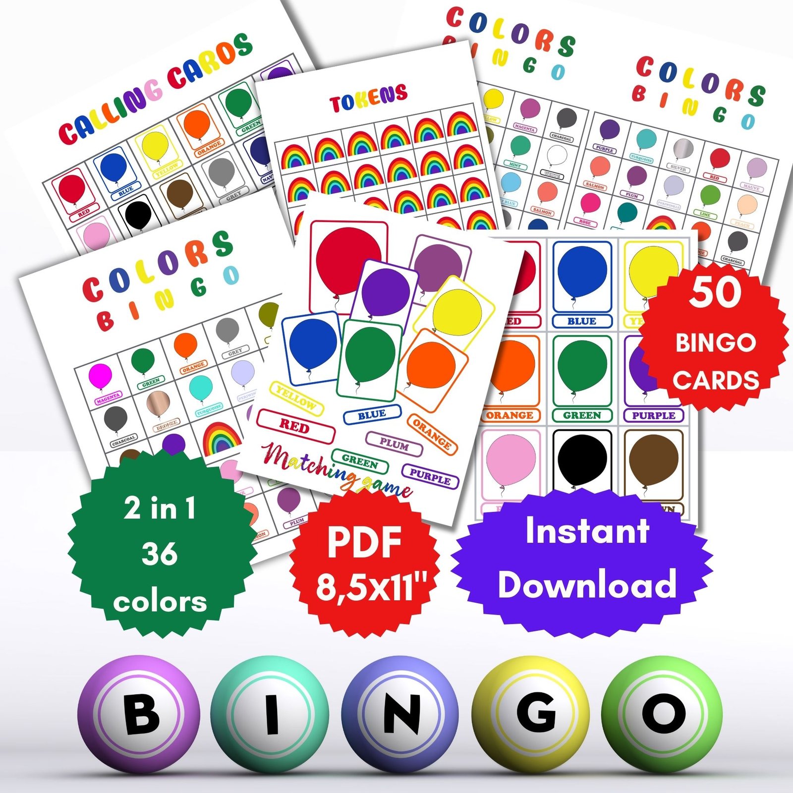 Colourful bingo game cards and tokens printable PDF.