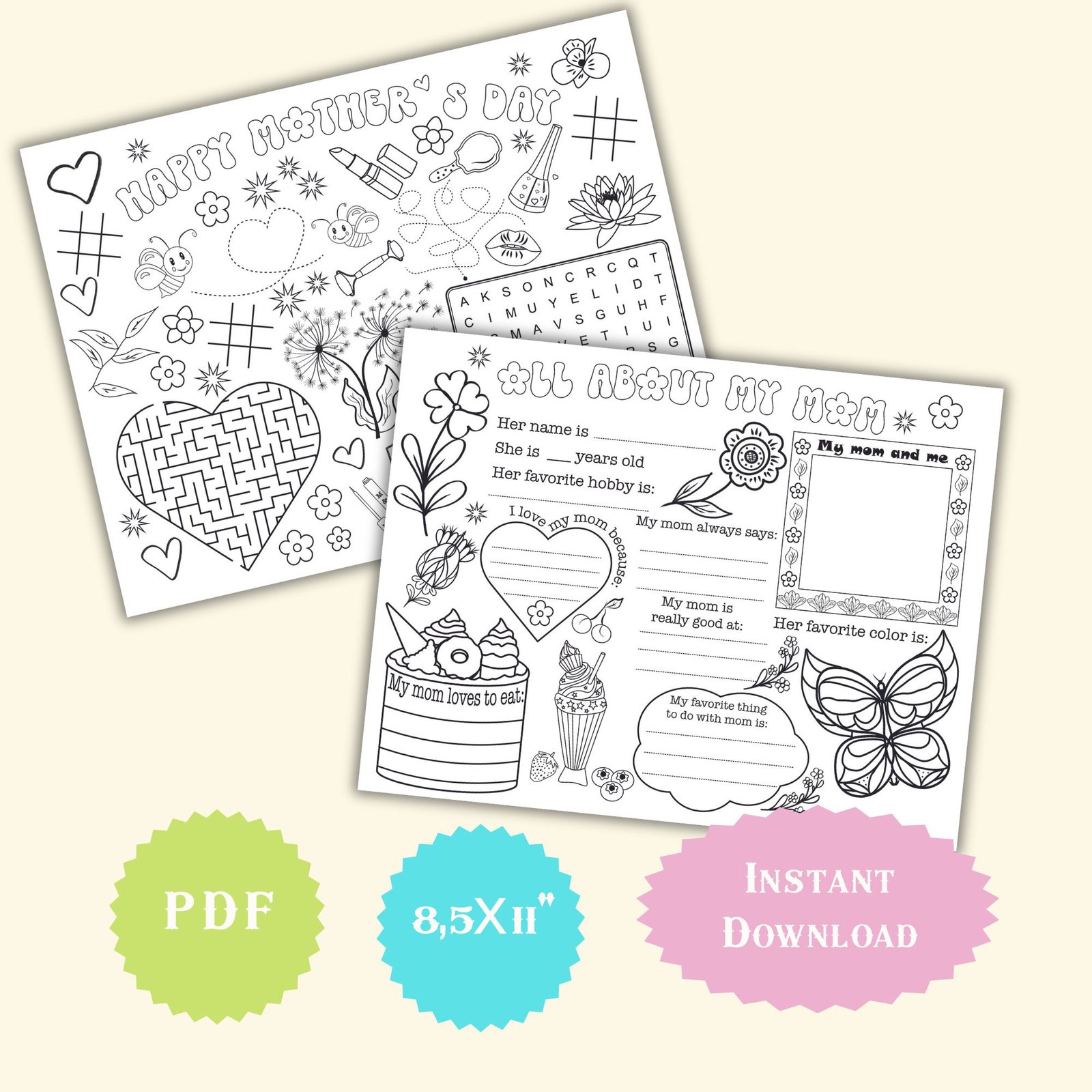 Mother's Day Coloring Sheets, PDF, Instant Download