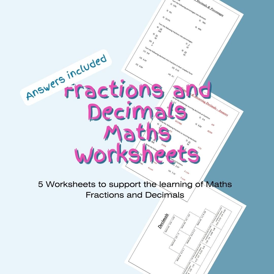 Maths worksheets for learning fractions and decimals.