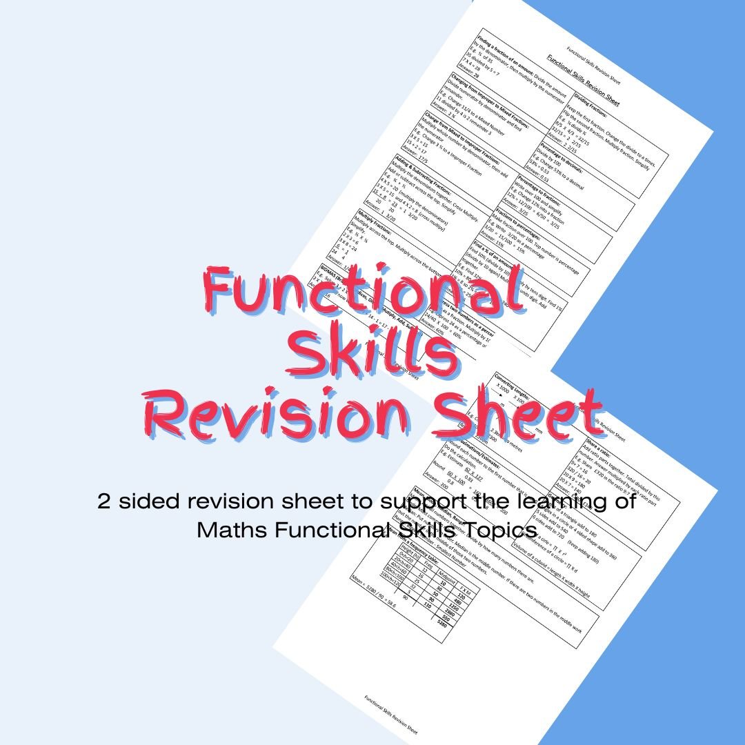 Maths Functional Skills revision guide on blue background.