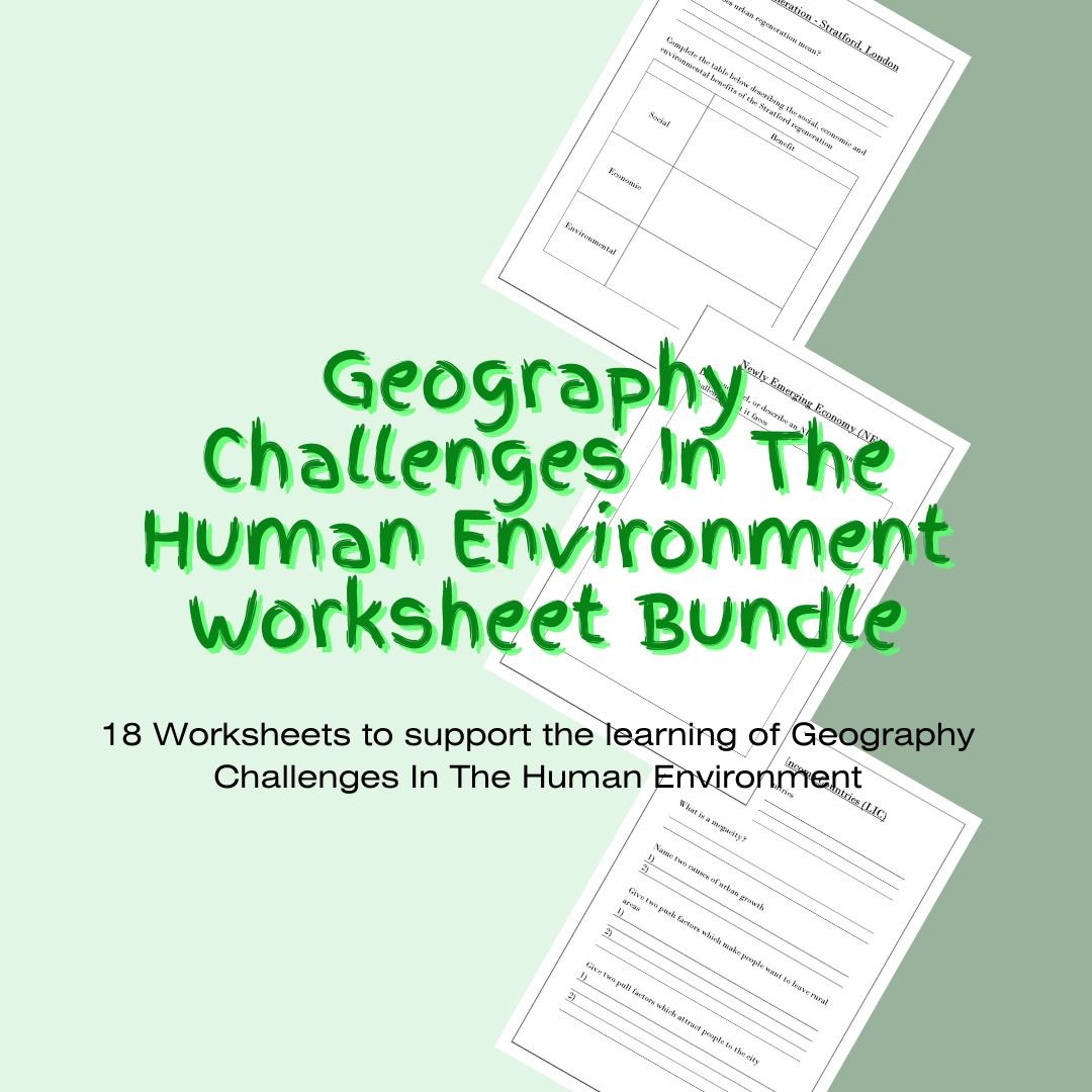 Geography educational worksheets bundle on human environment challenges.