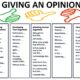 Infographic on language phrases for giving opinions.