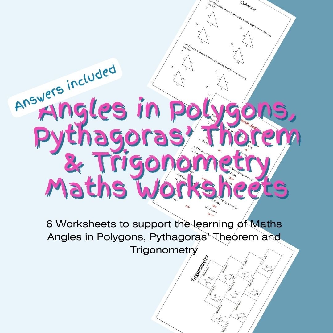 Math worksheets on angles, Pythagoras, trigonometry.