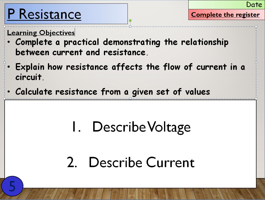 Physics lesson slide on electrical resistance and learning objectives.