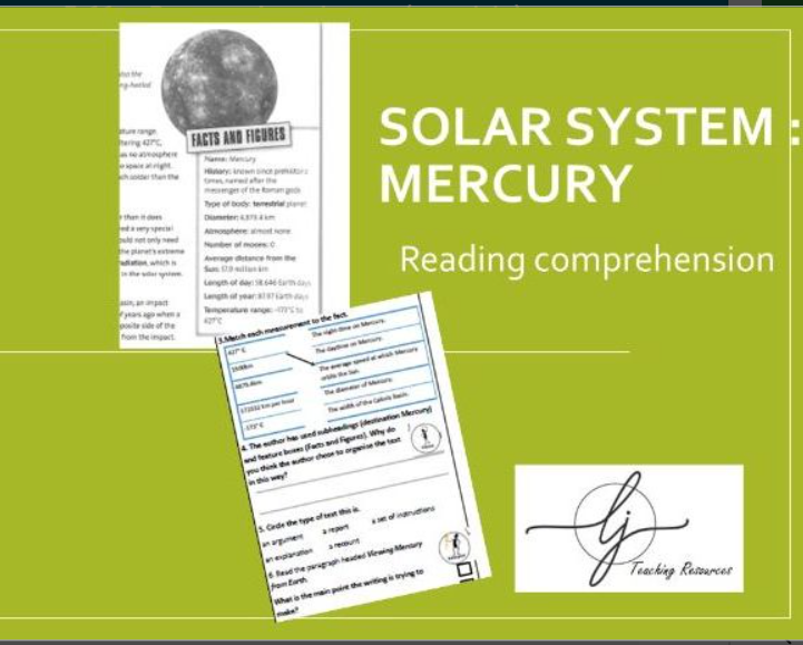Educational worksheet on Mercury for reading comprehension.