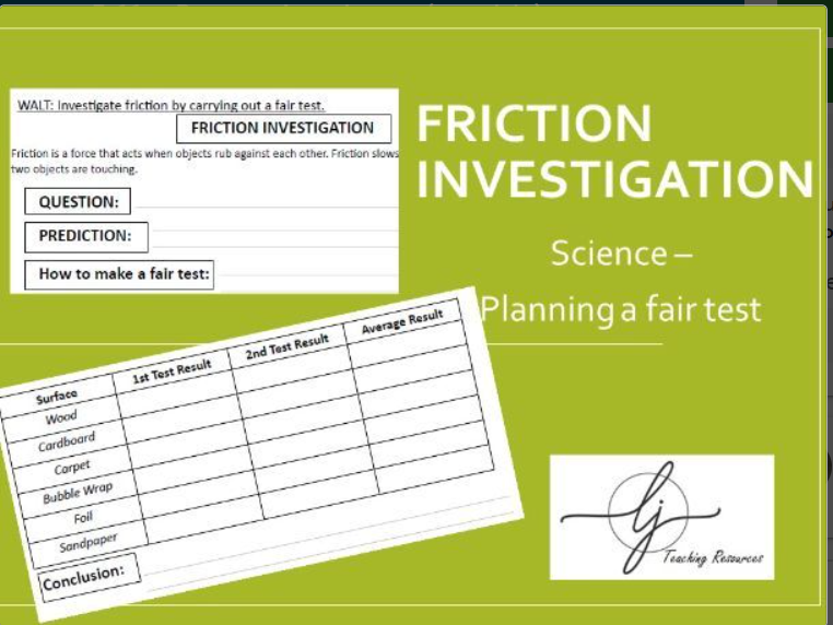 Educational worksheet on planning science friction tests.