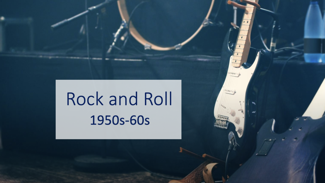 Vintage guitar and drums, Rock and Roll era stage.