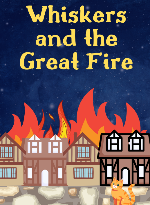 Children's book cover, cat and burning Tudor houses.