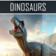 Dinosaur roaring in prehistoric landscape