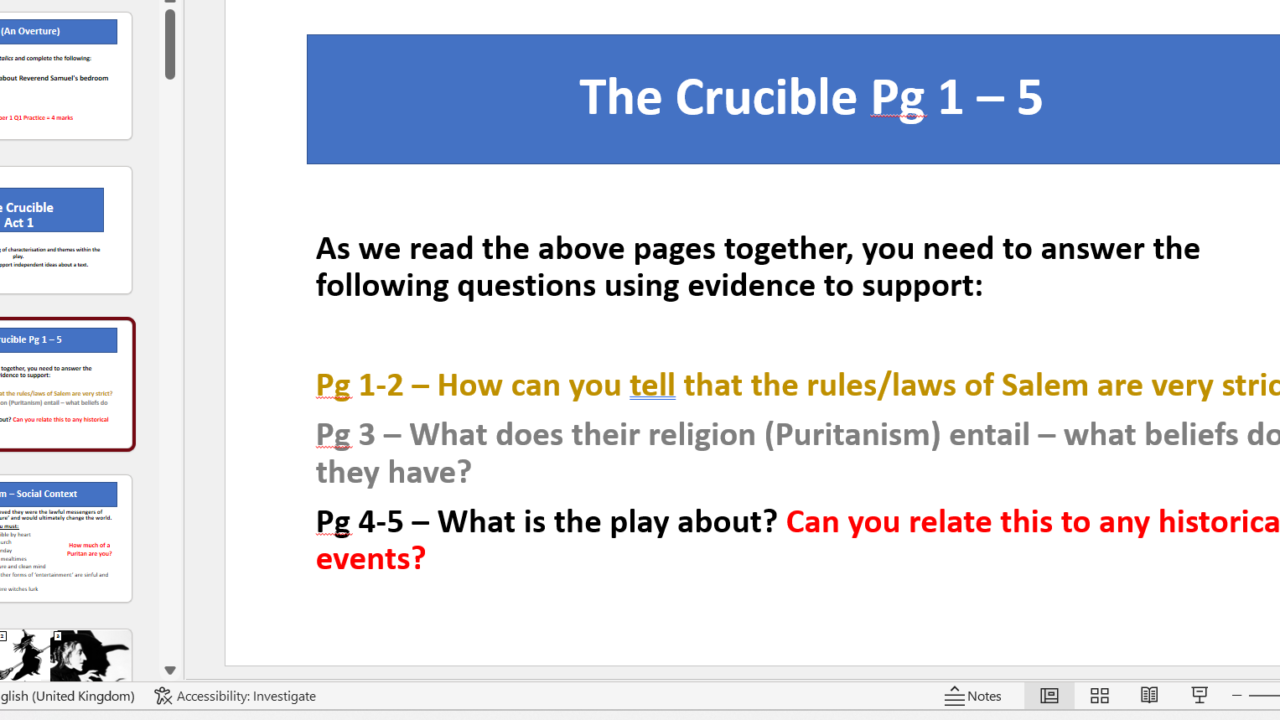 The Crucible study questions for pages 1 to 5.