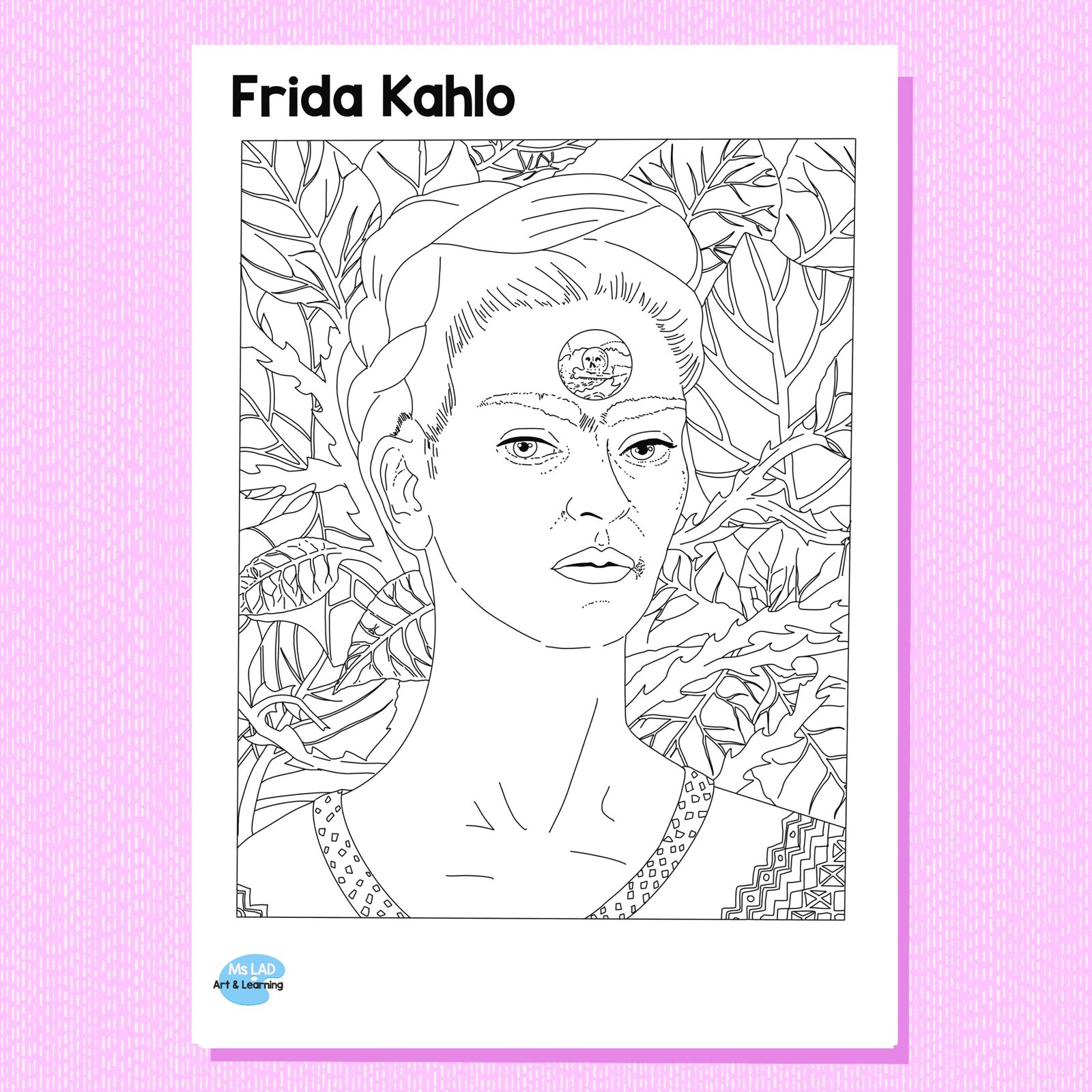 Frida Kahlo line drawing with leafy background.