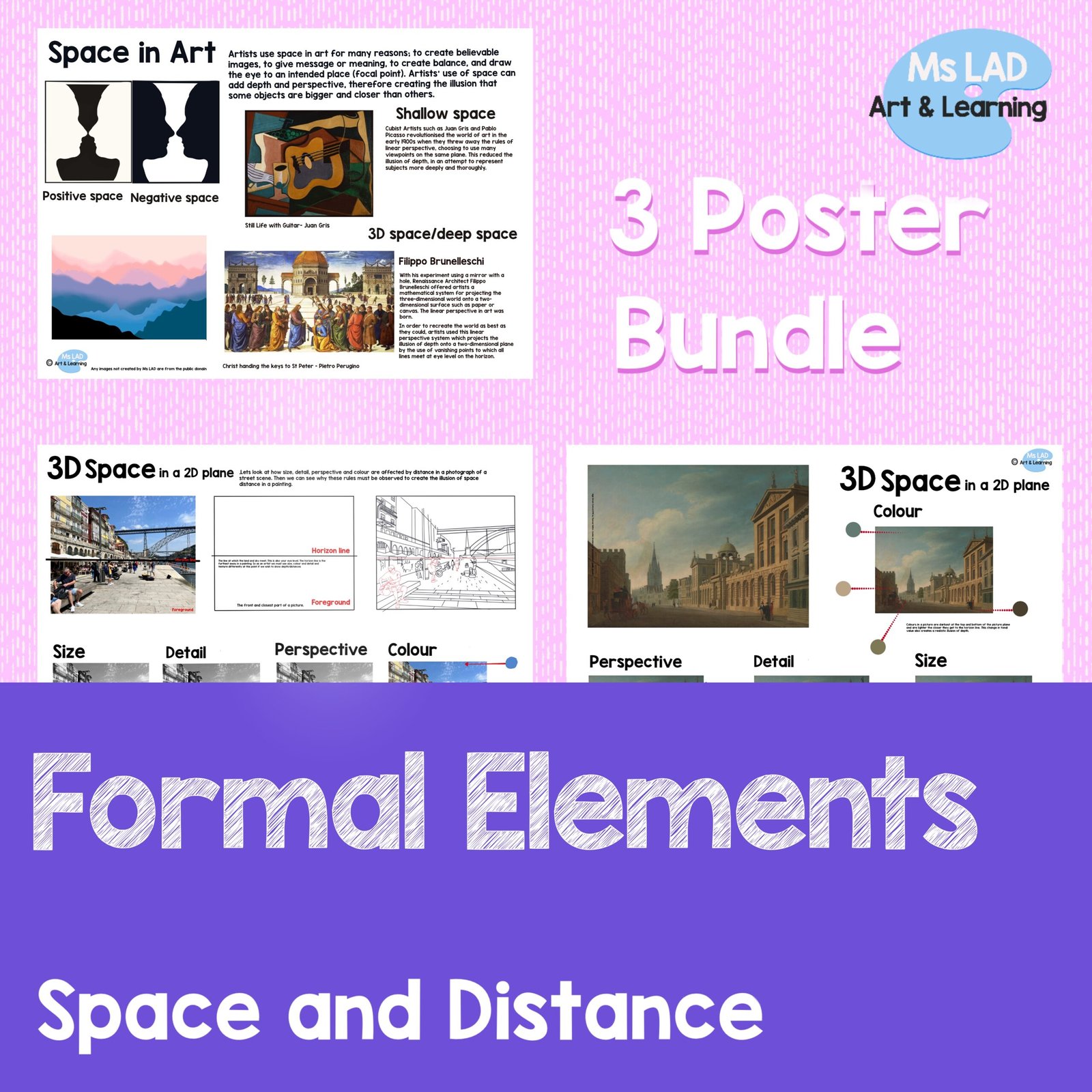 3 posters teaching space in art and perspective