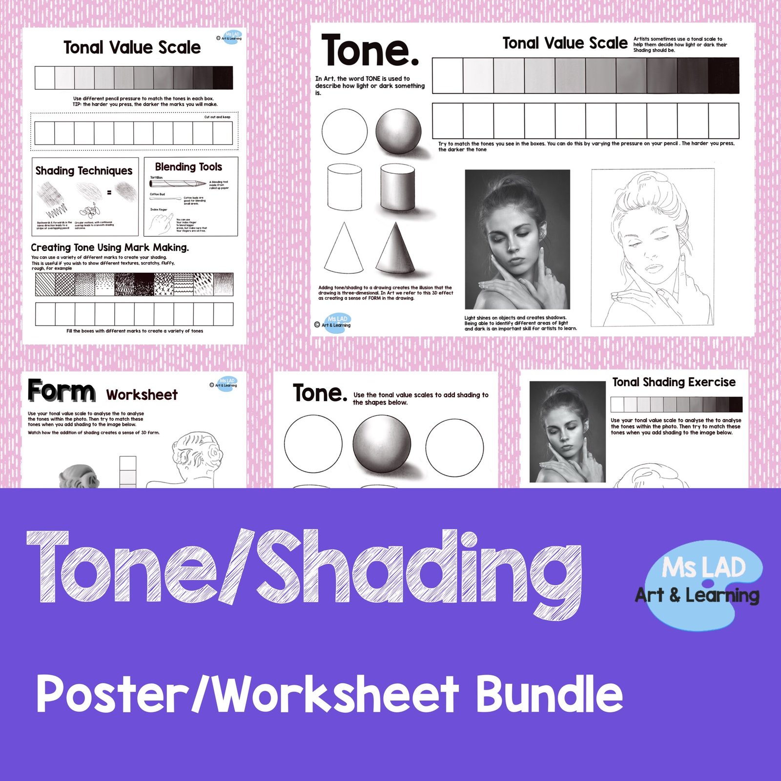 Tone and shading worksheet bundle for art learning.