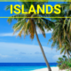 Tropical island beach with palm trees and blue ocean.