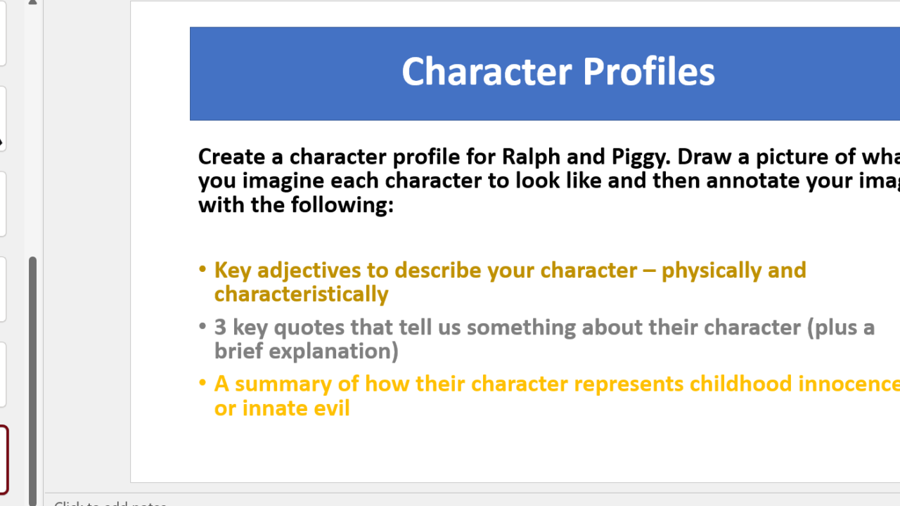 Create character profiles for Ralph and Piggy.