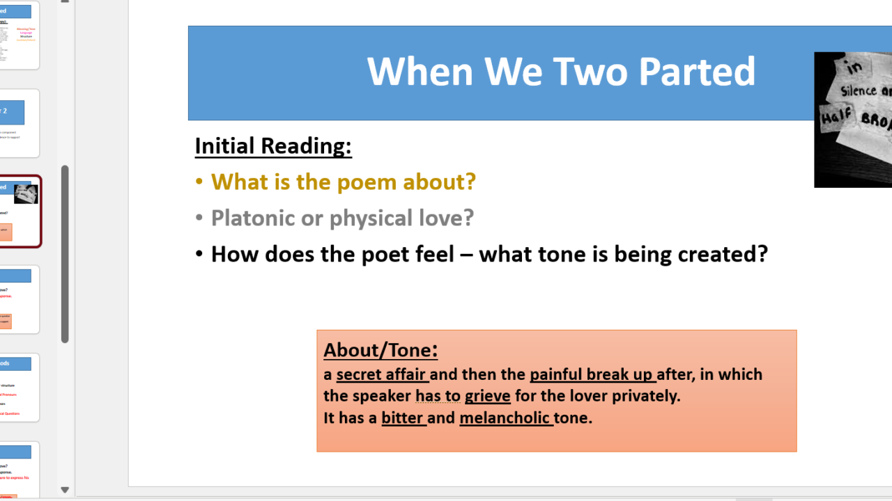 Analysis and themes of 'When We Two Parted'.