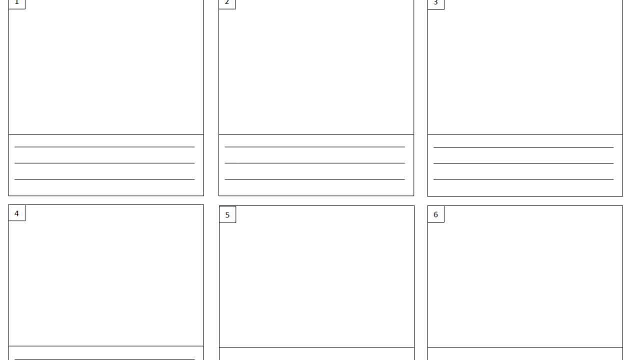 Blank six-frame storyboard template with text boxes.