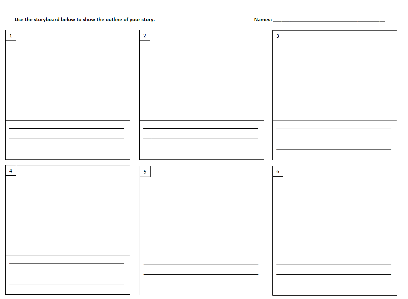 Blank six-frame storyboard template with text boxes.