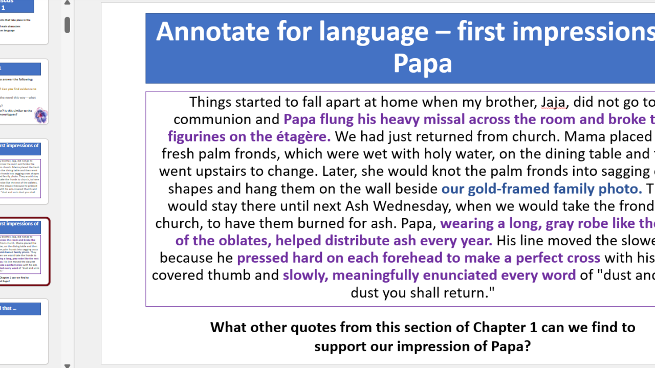 Slide analysing first impressions of Papa in Purple Hibiscus.