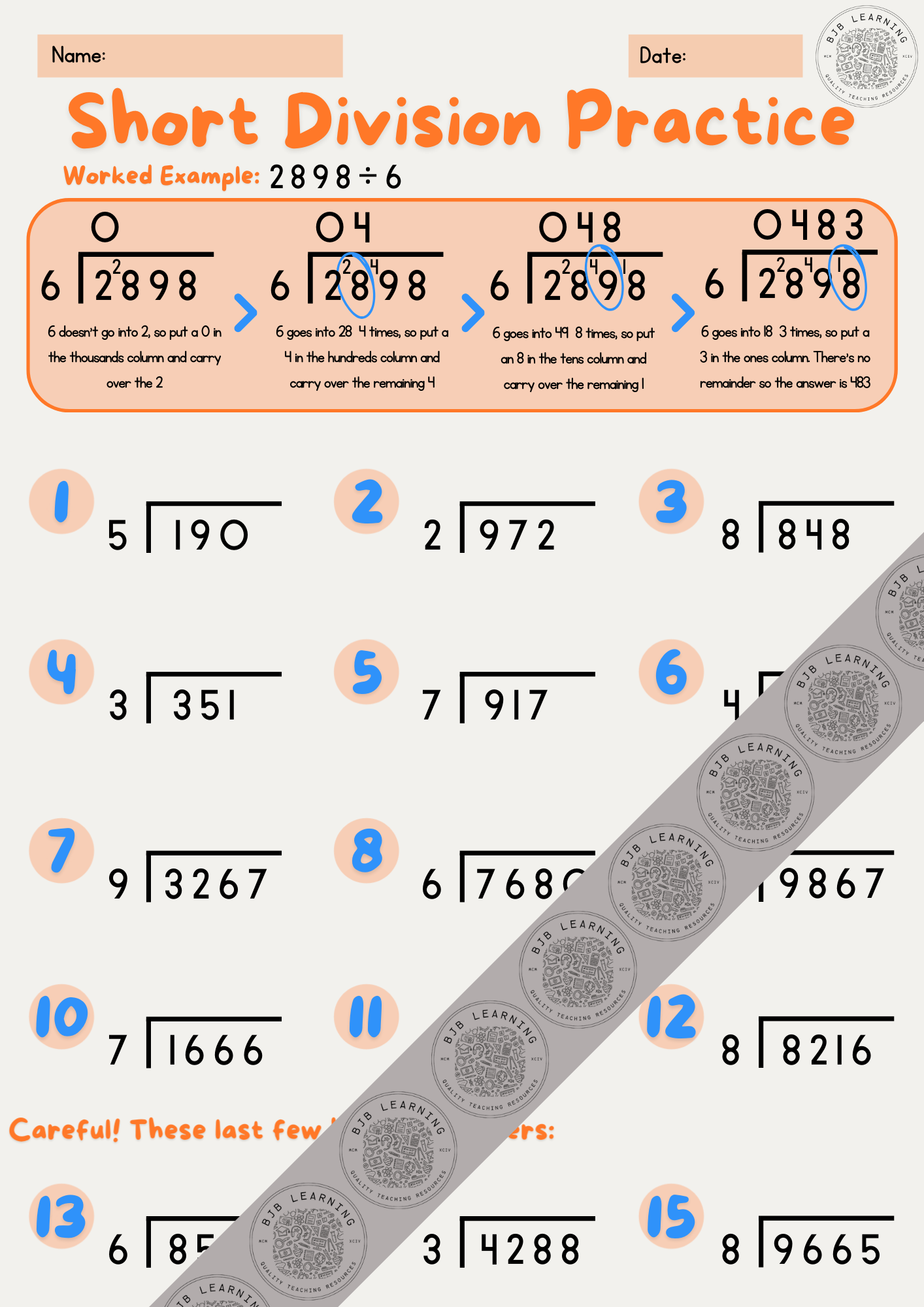 Short Division Practice Worksheet