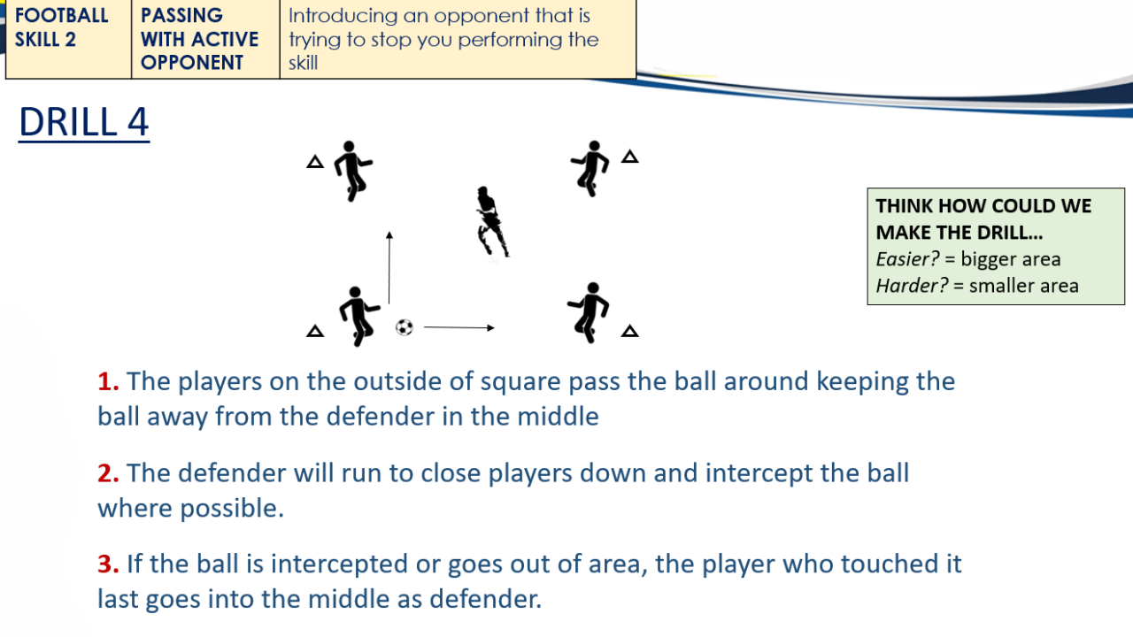 Football passing drill with active opponent and instructions.