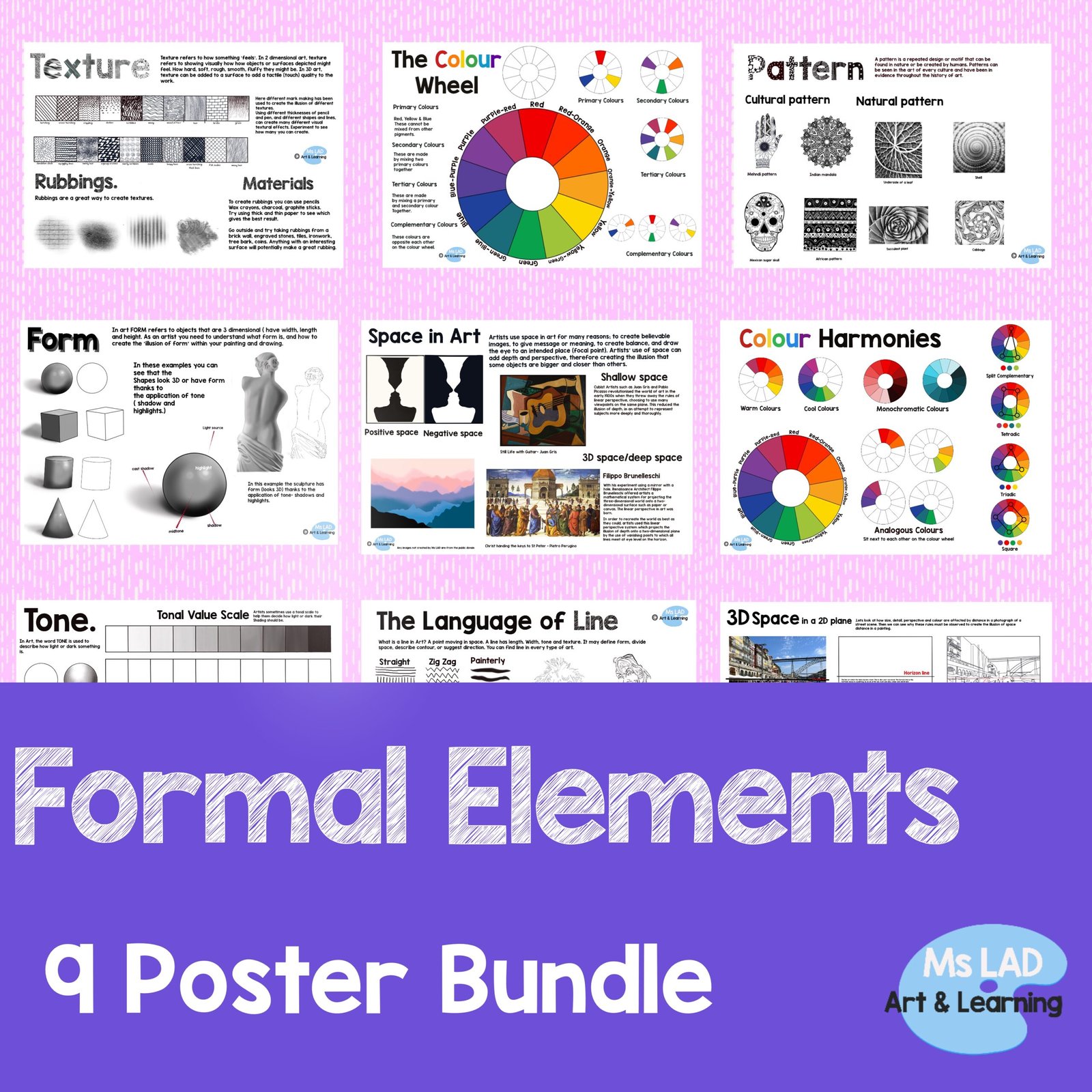 Formal elements 9 poster bundle for art education.