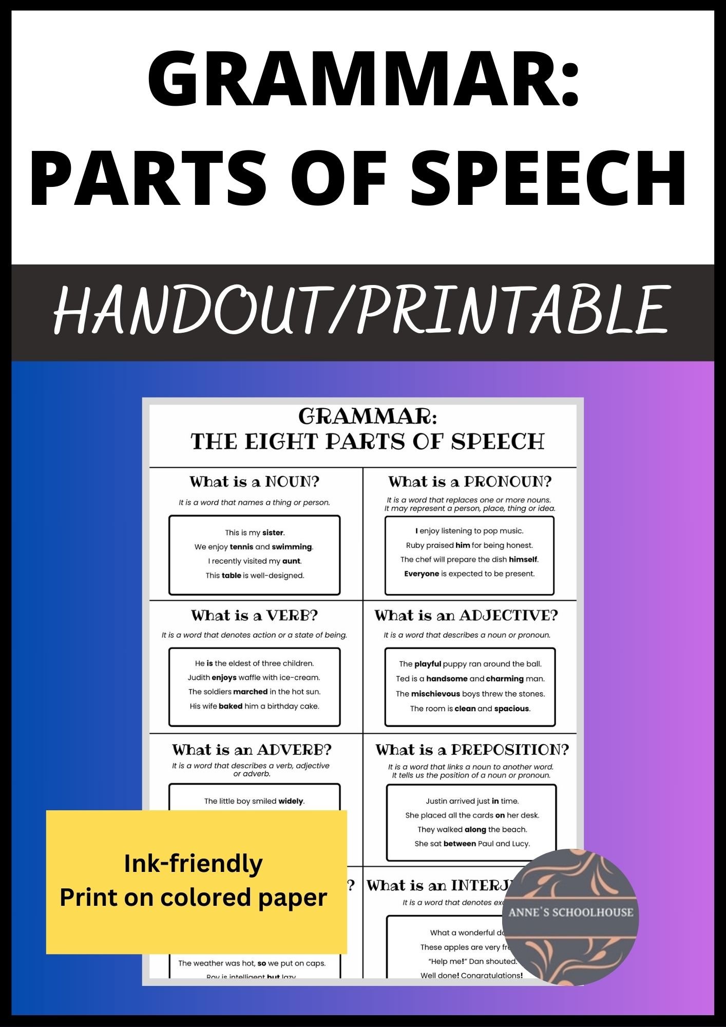 Printable grammar parts of speech handout.