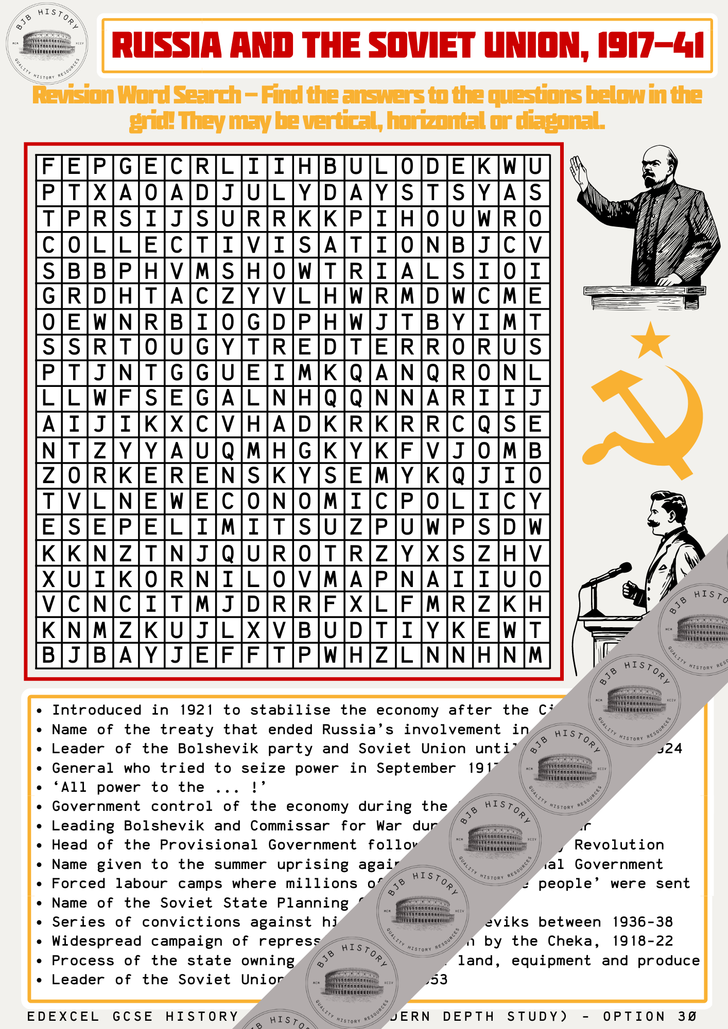 Russian history word search puzzle with clues and images.