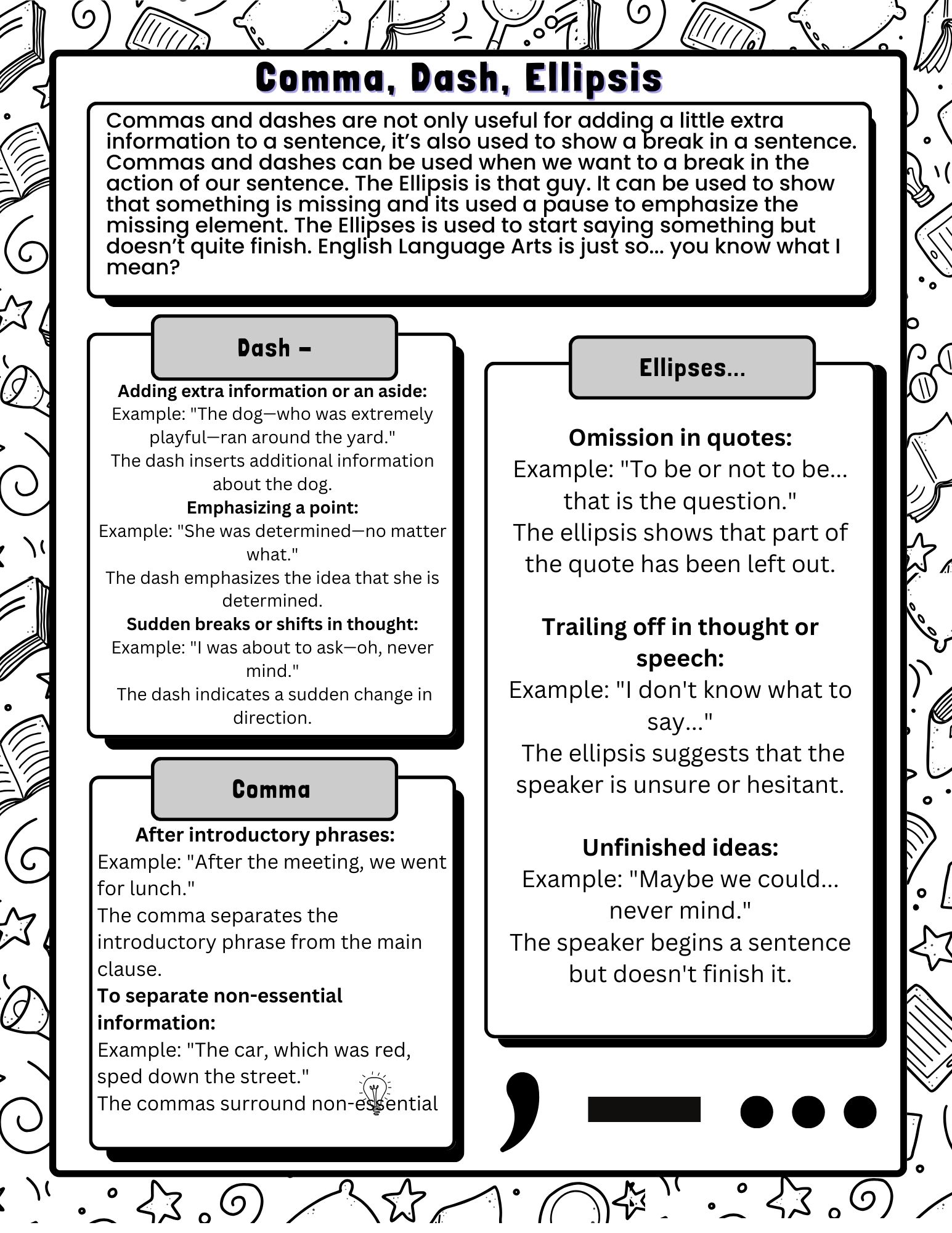 Guide on using commas, dashes, and ellipses effectively.