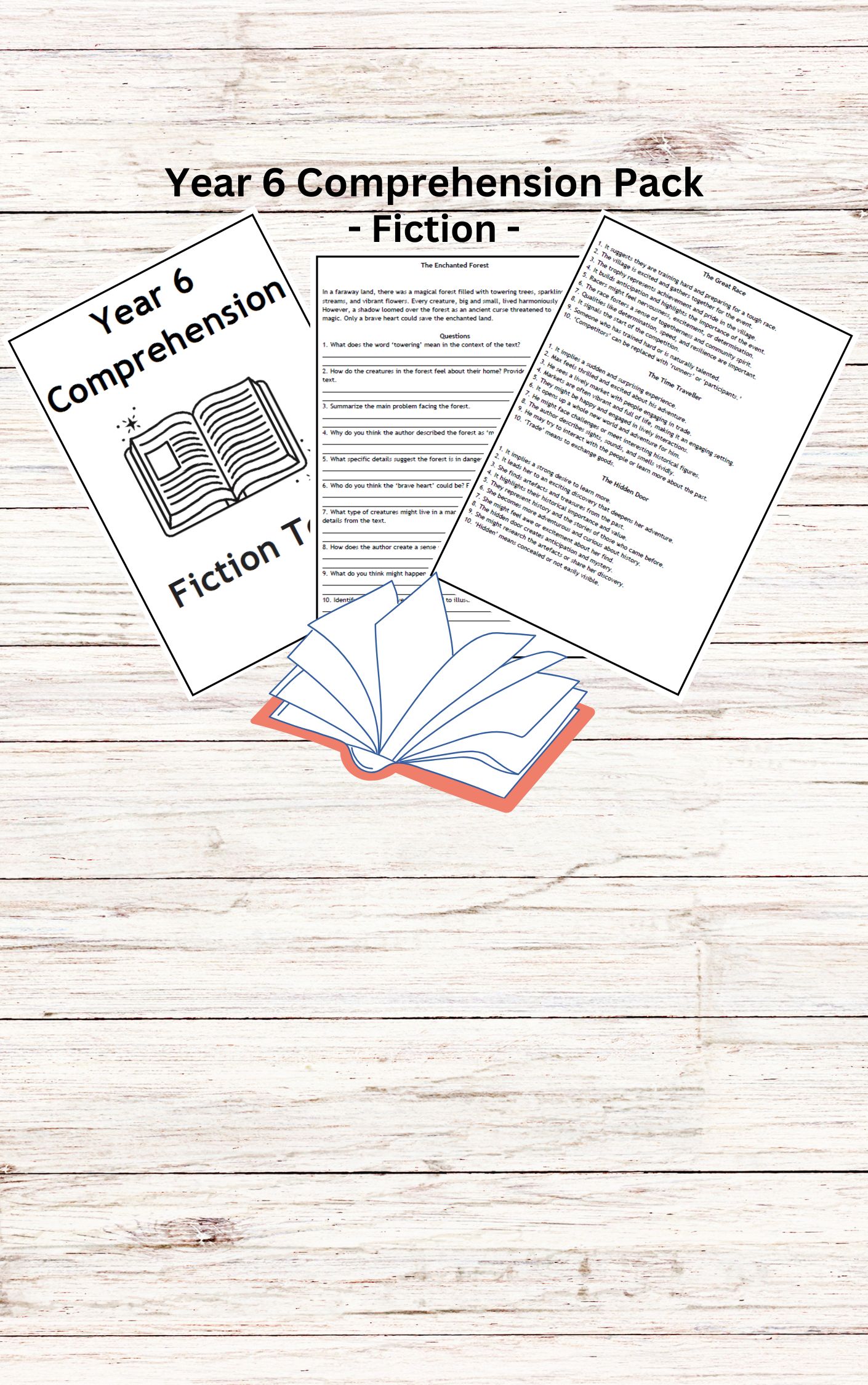 Year 6 fiction comprehension pack with worksheets.