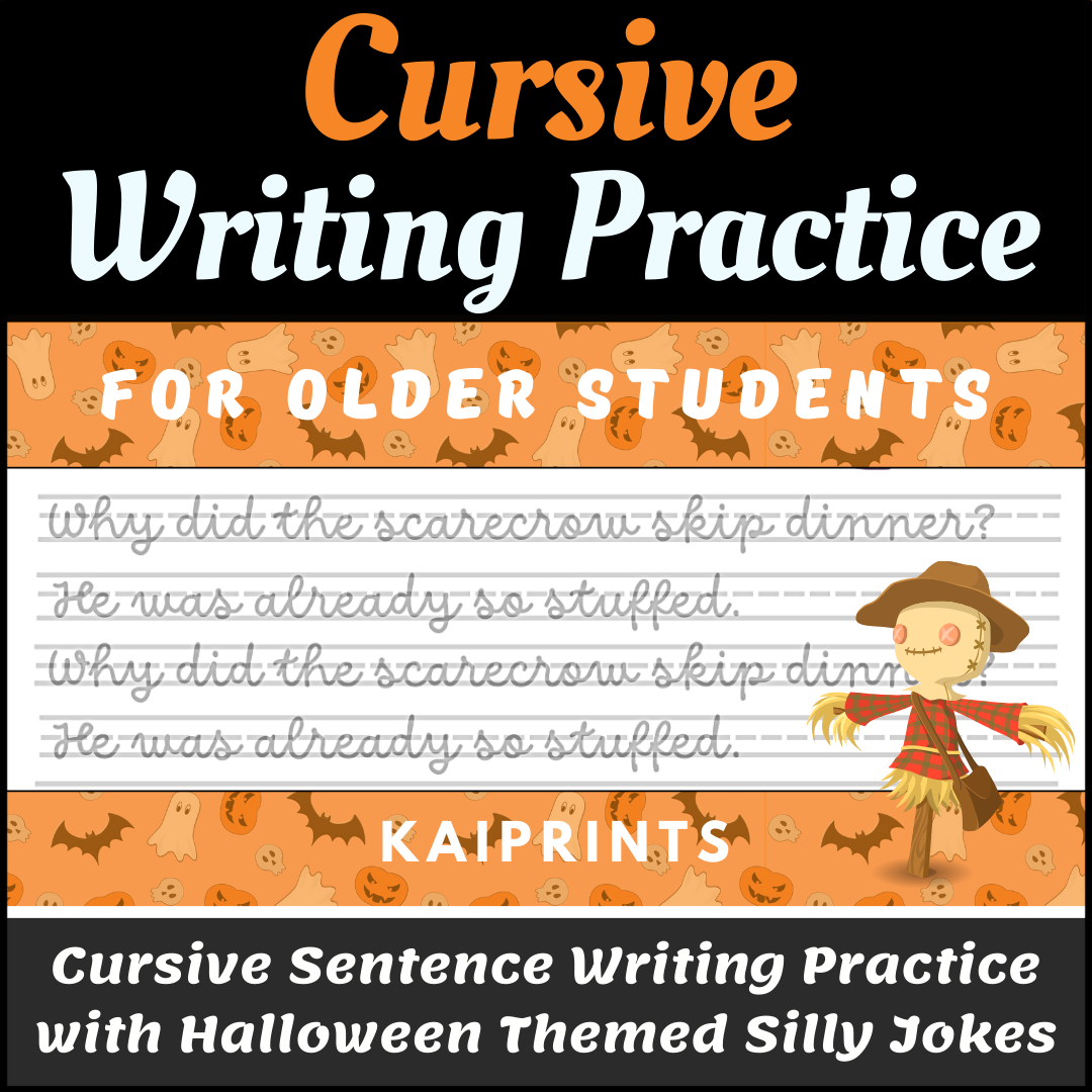 Cursive writing practice with Halloween jokes for students.