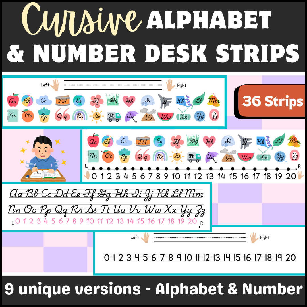 Cursive alphabet and number desk strips display.