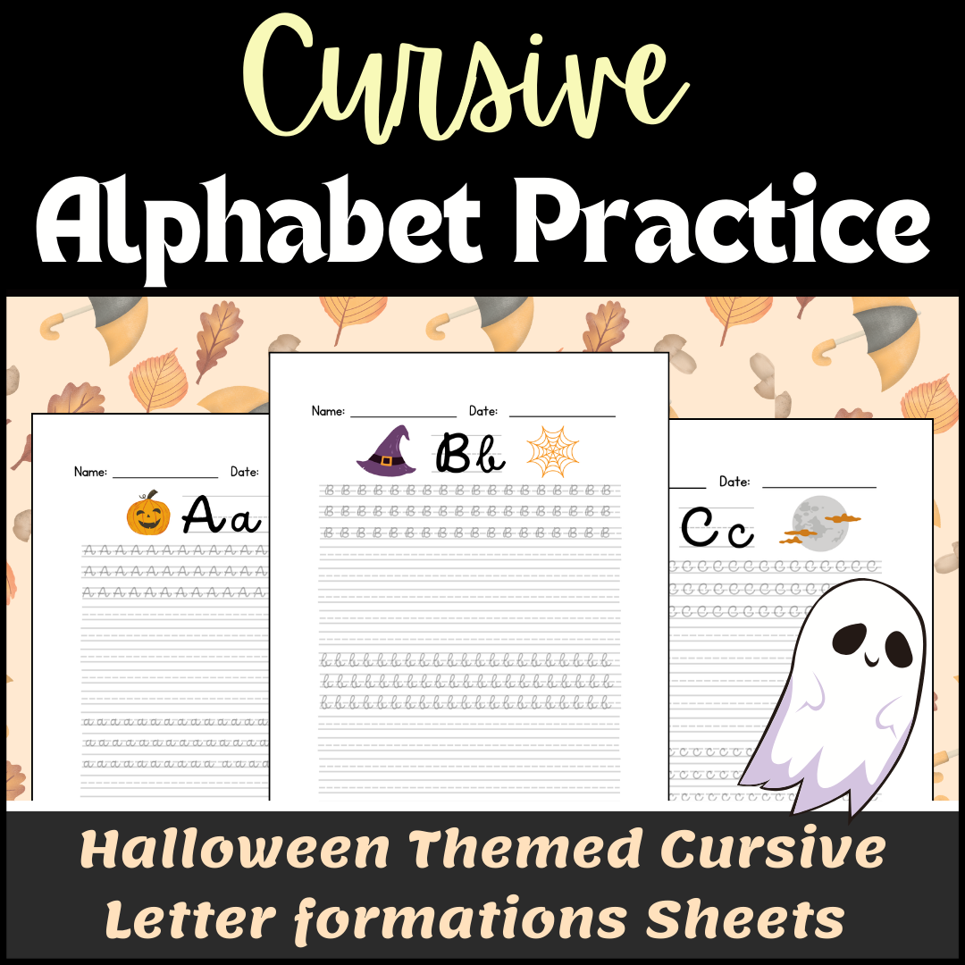 Halloween cursive alphabet practice sheets for children.