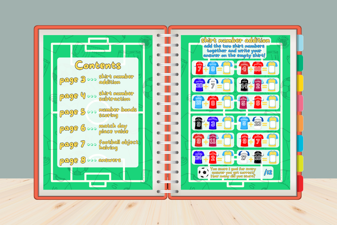 Football-themed maths workbook with shirt number exercises.