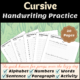 Cursive handwriting practice sheets with alphabet and numbers.