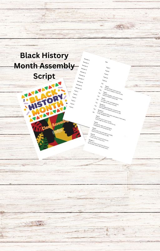 Black History Month assembly script on wooden background.