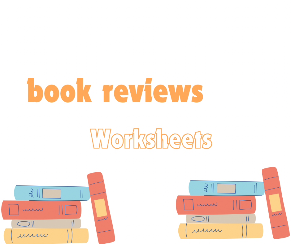 Illustration of book reviews worksheets with book stacks.